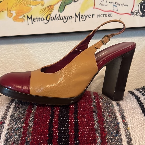 bebe US 7 1/2 Burgundy & Tan Leather Slingback Chunky High Heels Made in Spain - Picture 3 of 6